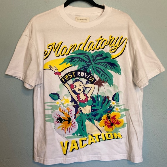 First Row Mens Size S Mandatory Vacation White Graphic T-Shirt Applique Tropical - Picture 1 of 12